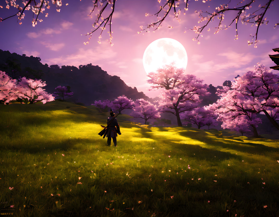 Tranquil cherry blossom landscape at dusk with character and luminous moon