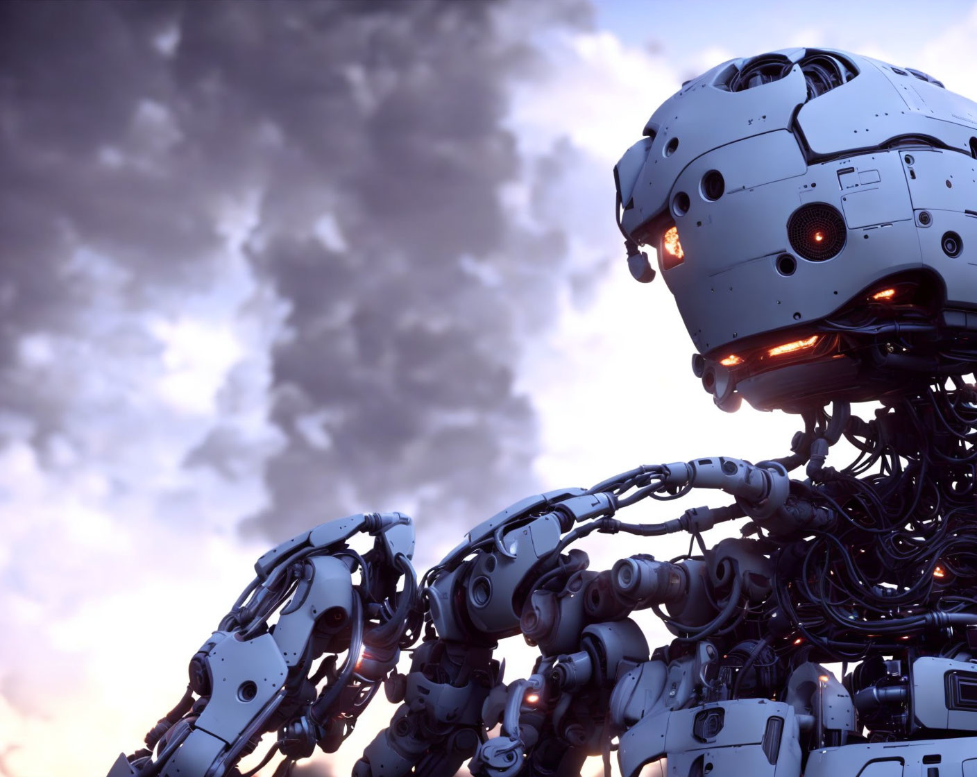 Detailed Humanoid Robot with Intricate Neck Wiring Against Dramatic Dusk Sky