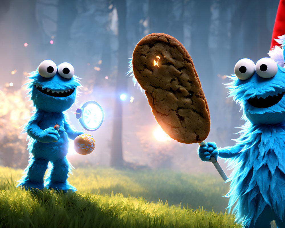 Blue Fuzzy Characters with Giant Cookie in Whimsical Forest