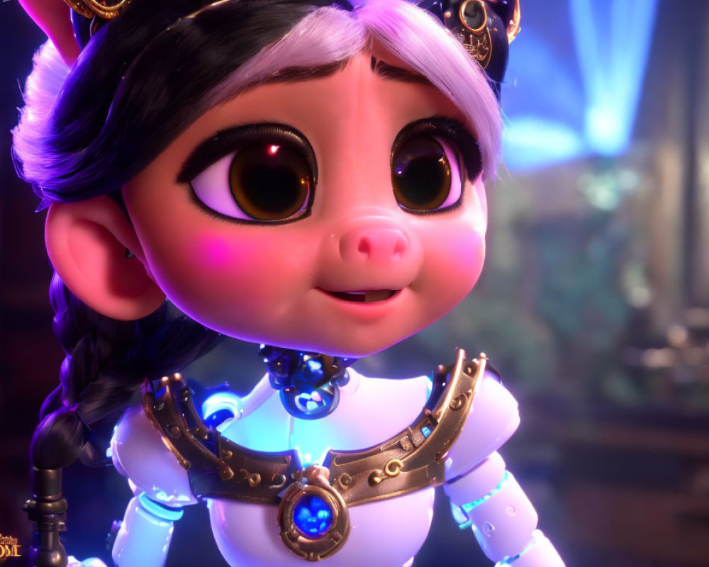 Steampunk-style 3D animated character with big eyes and glowing blue elements
