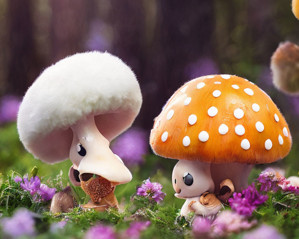 Whimsical anthropomorphic mushrooms in vibrant forest with purple flowers