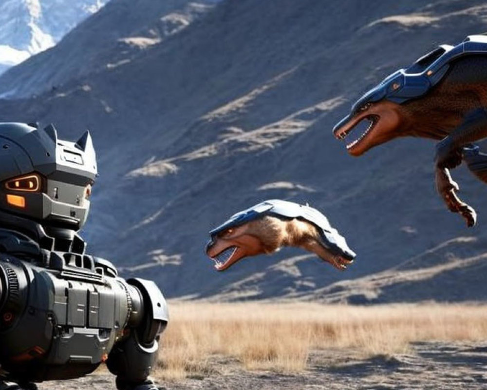 Robot Dog Interacts with Dinosaur Hologram in Mountain Scene