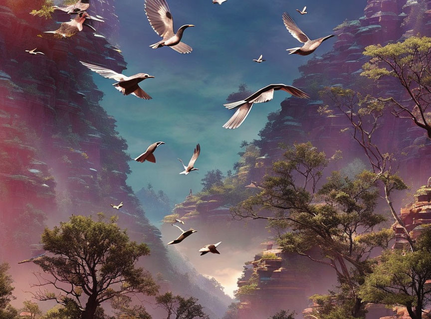 Birds flying through majestic canyon with towering red rock faces and lush green trees