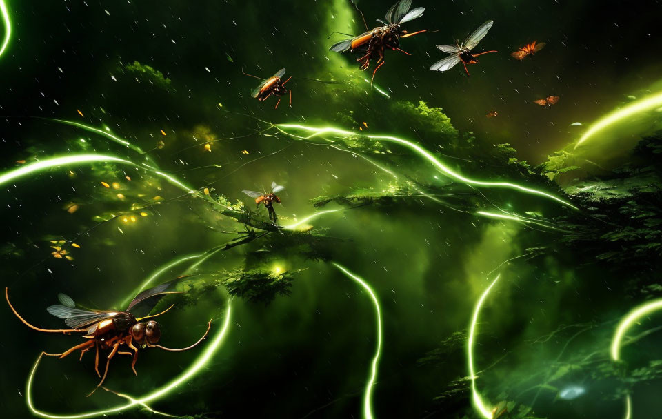 Mystical forest scene with glowing green trails and fantastical insects