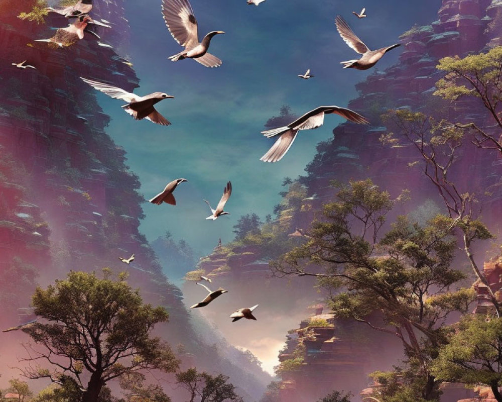 Birds flying through majestic canyon with towering red rock faces and lush green trees