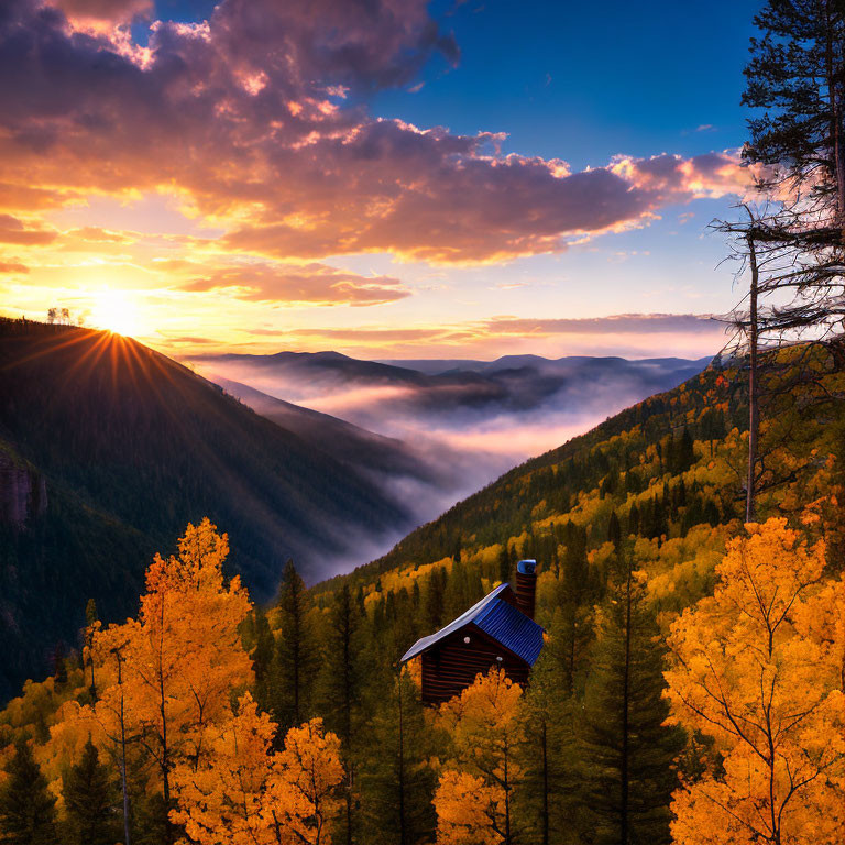 Misty Valley Sunset with Golden Autumn Trees and Cabin