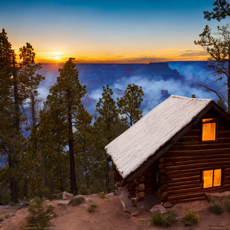 Rustic log cabin in forest at sunrise with mist-covered canyon view