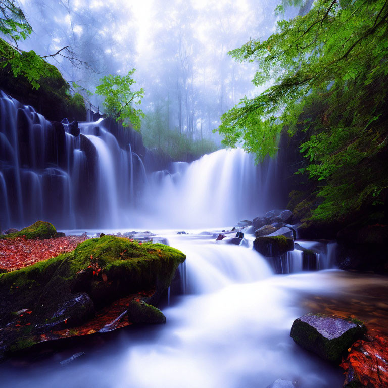 Tranquil waterfall in misty woods with moss-covered rocks