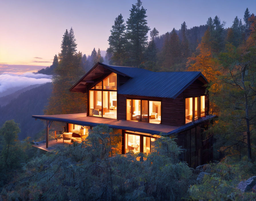 Modern House with Illuminated Interiors on Forested Hillside at Dusk