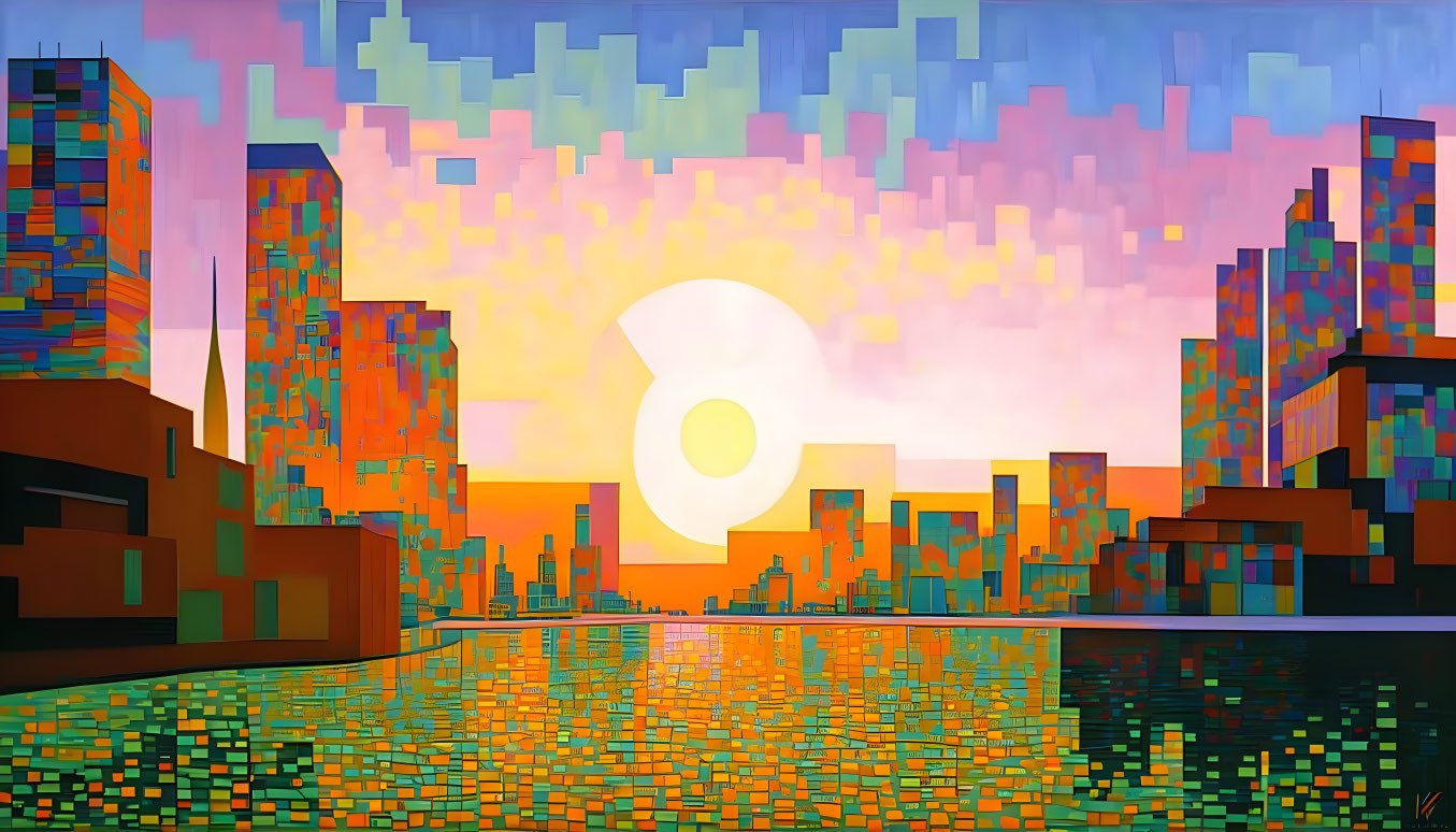 Vibrant cityscape at sunset with cubist art style