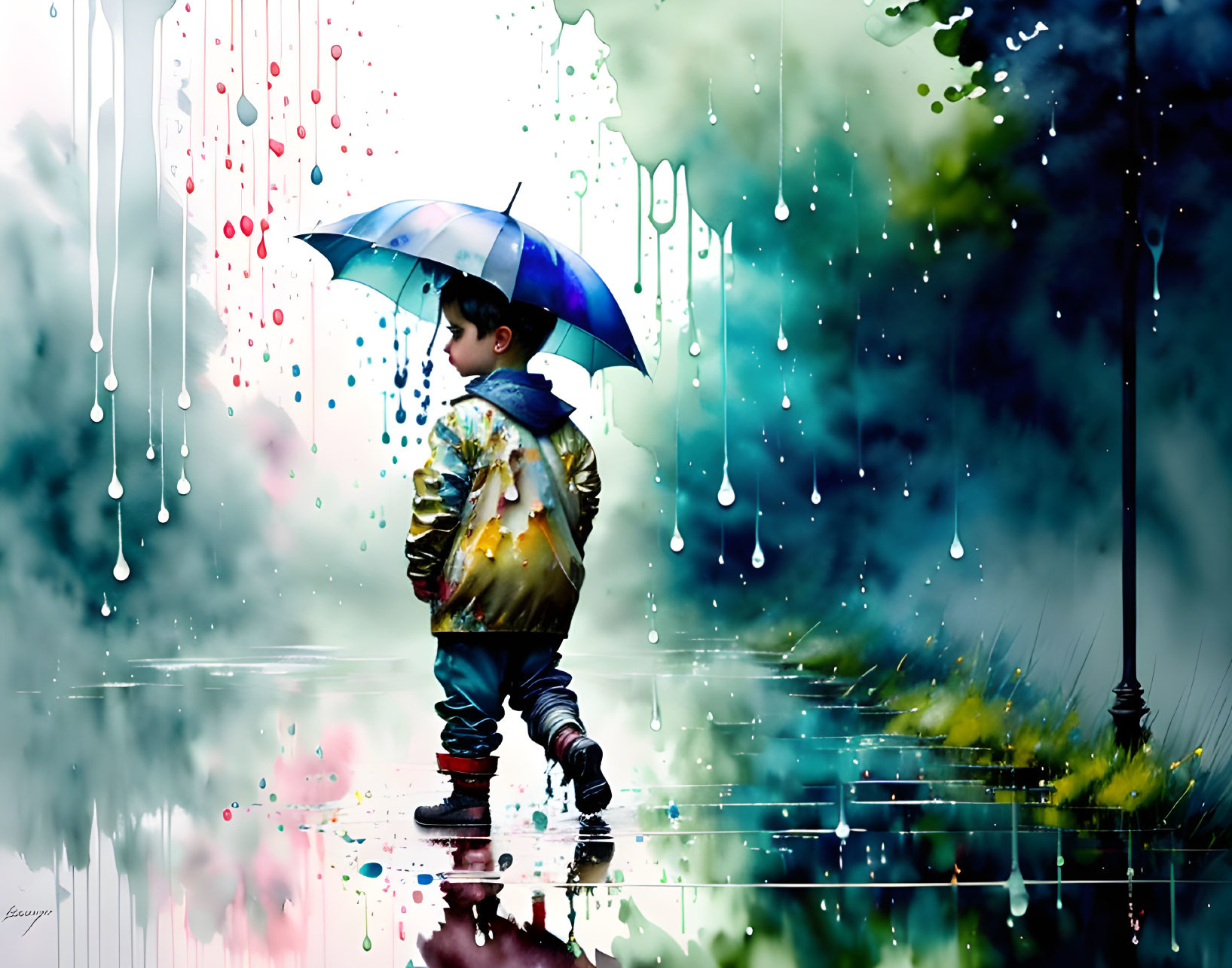 Child under blue-striped umbrella on wet surface with colorful lights and raindrops, streetlamp in background