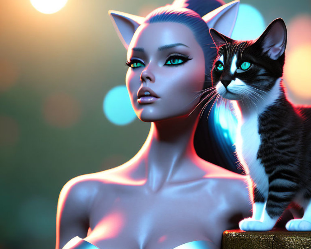 Female figure with cat-like features and black & white cat in soft light setting