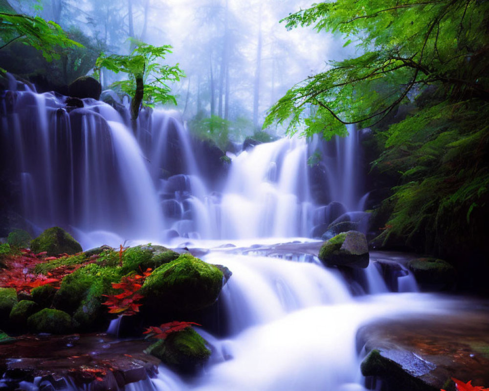Ethereal misty waterfall over mossy rocks in autumn scene