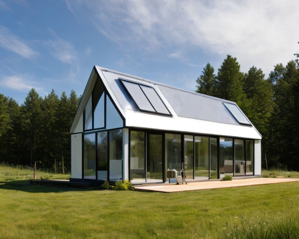 Modern A-Frame House with Large Glass Windows, Solar Panels, Grass Field, Trees, Clear Sky
