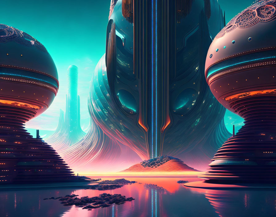 Futuristic cityscape at dusk with towering structures and neon lights