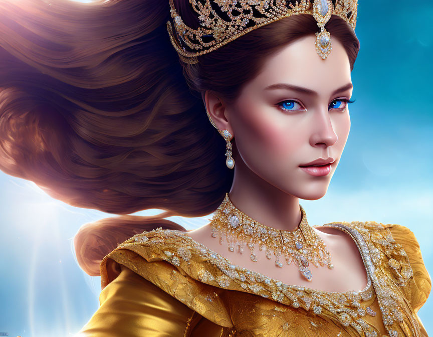 Royal woman illustration: brown hair, blue eyes, golden crown, regal gold gown, sky-blue