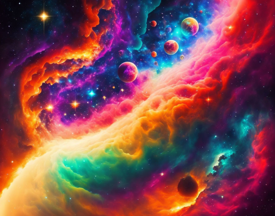 Colorful nebula and planets in surreal cosmic scene