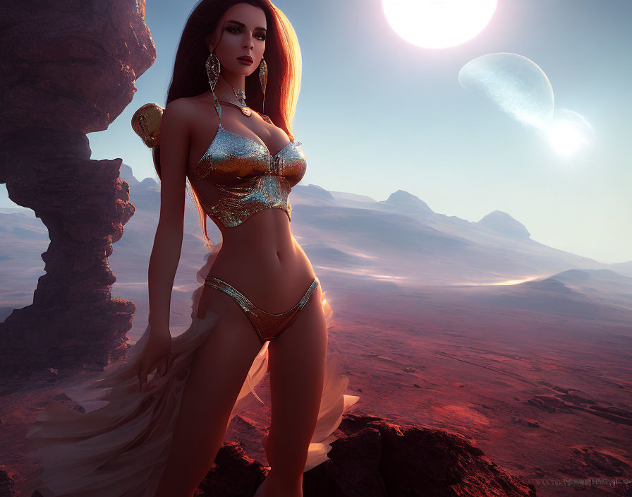 Digital artwork: Woman in golden fantasy attire, desert landscape, rocky formations, two moons.