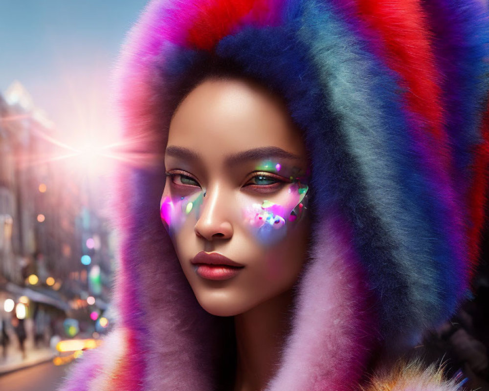 Colorful Fur Hood Woman with Striking Makeup in Urban Twilight Setting