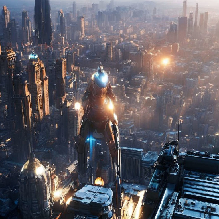 Futuristic cityscape with towering skyscrapers and robotic figure at dusk