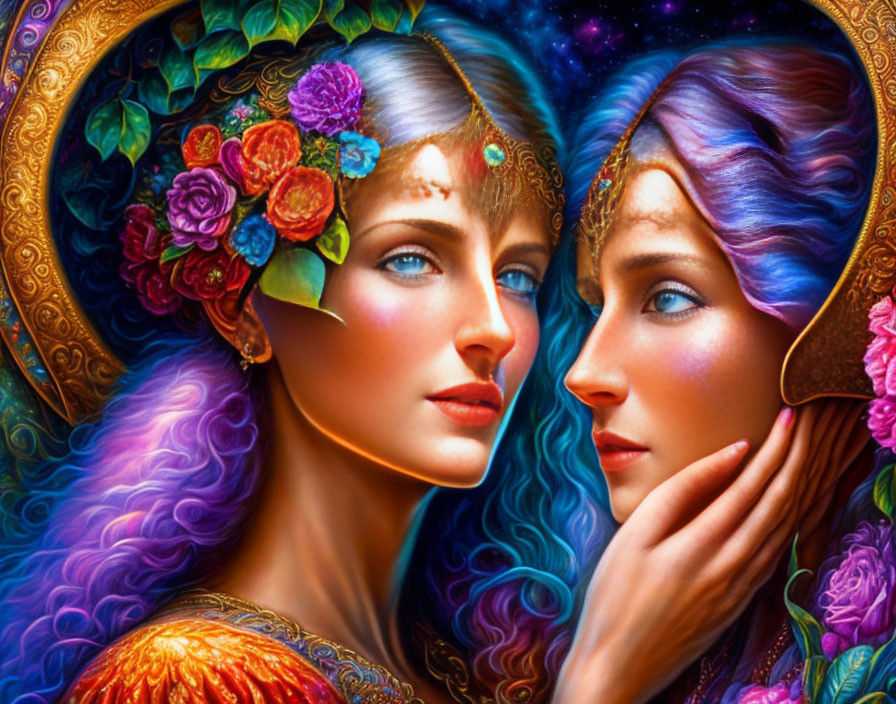 Colorful women with ornate hair and floral adornments in cosmic setting