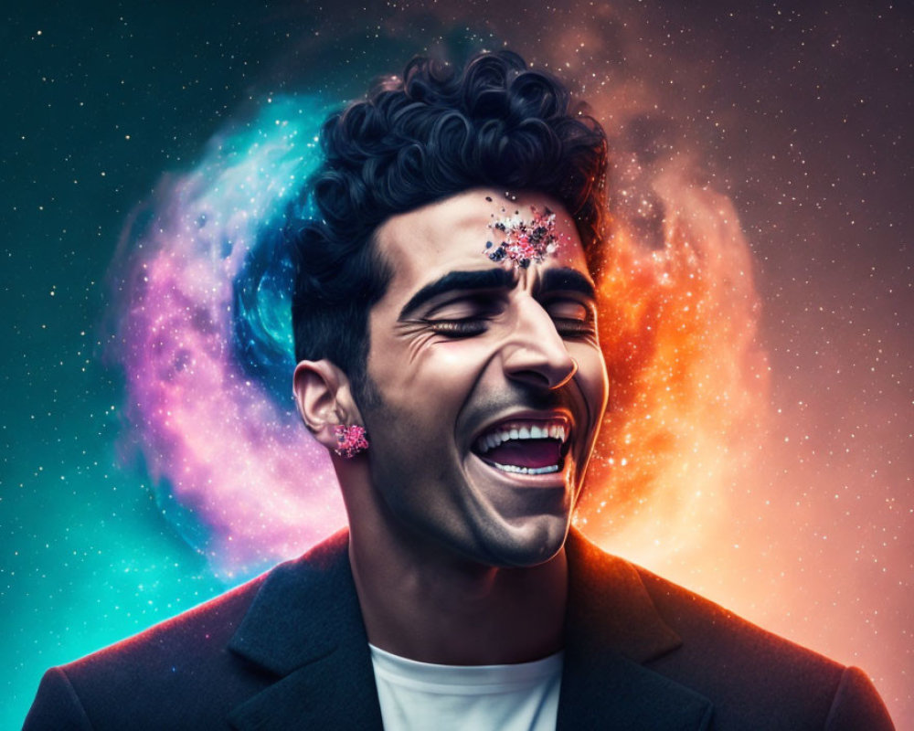 Styled hair man with glittered face in cosmic nebula backdrop.
