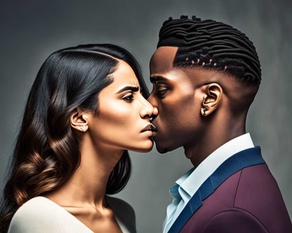 Serious man in suit and woman in white top facing each other on grey background