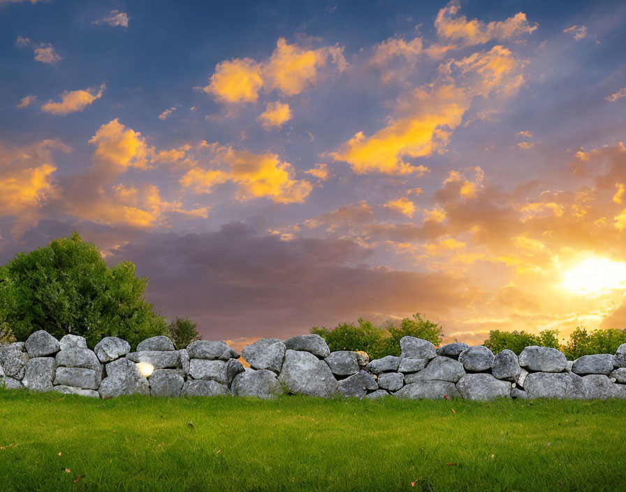 Tranquil landscape with dry stone wall, green grass, and vibrant sunset sky