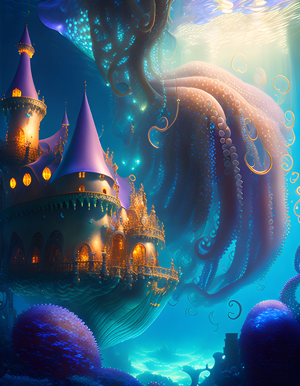 Undersea castle with glowing windows, jellyfish, and colossal octopus in blue depths