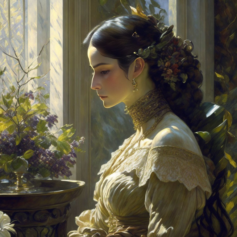 Vintage dress woman gazes with flowers in hair