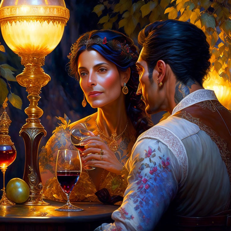 Man and woman in historical attire sitting close under warm lamp light with wine glass, surrounded by leaves.