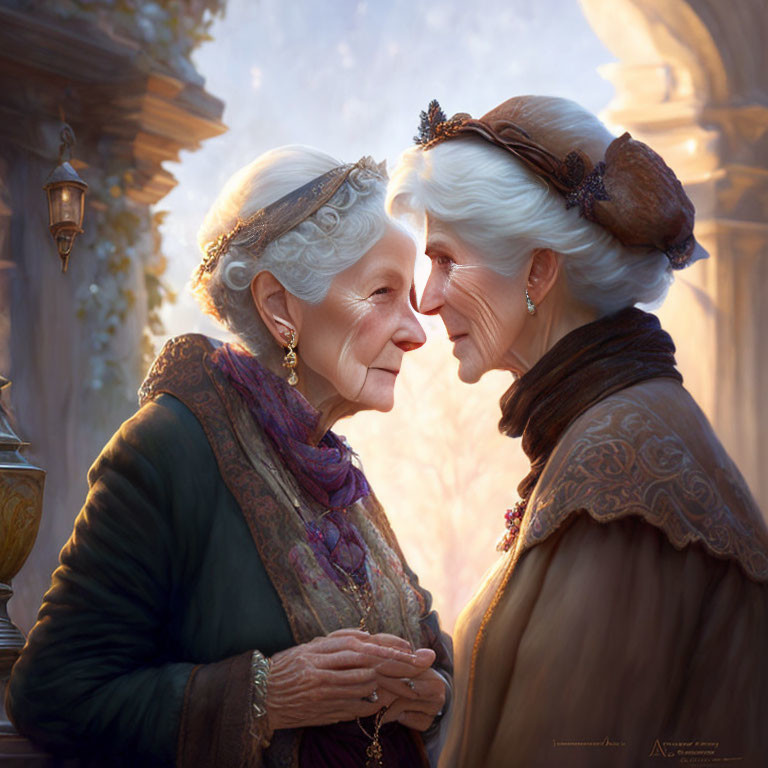 Elderly ladies in elegant attire with ornate headdresses in magical setting
