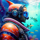Diver in ornate helmet and orange suit in vibrant underwater scene