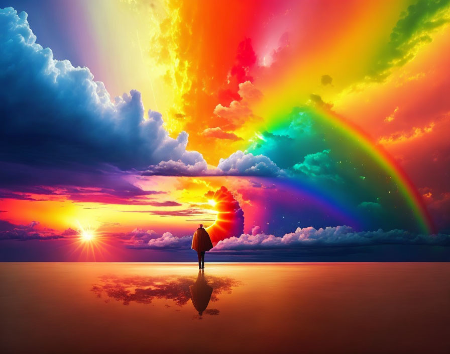 Vibrant sky with rainbow, colorful clouds, dual sunset, person with umbrella