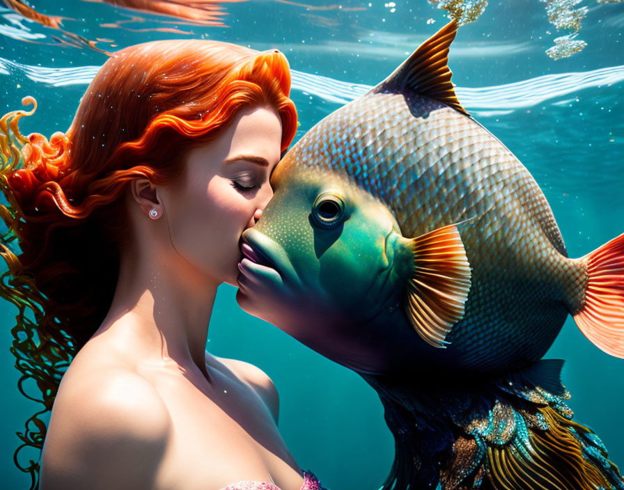 Mermaid with red hair kissing colorful fish underwater