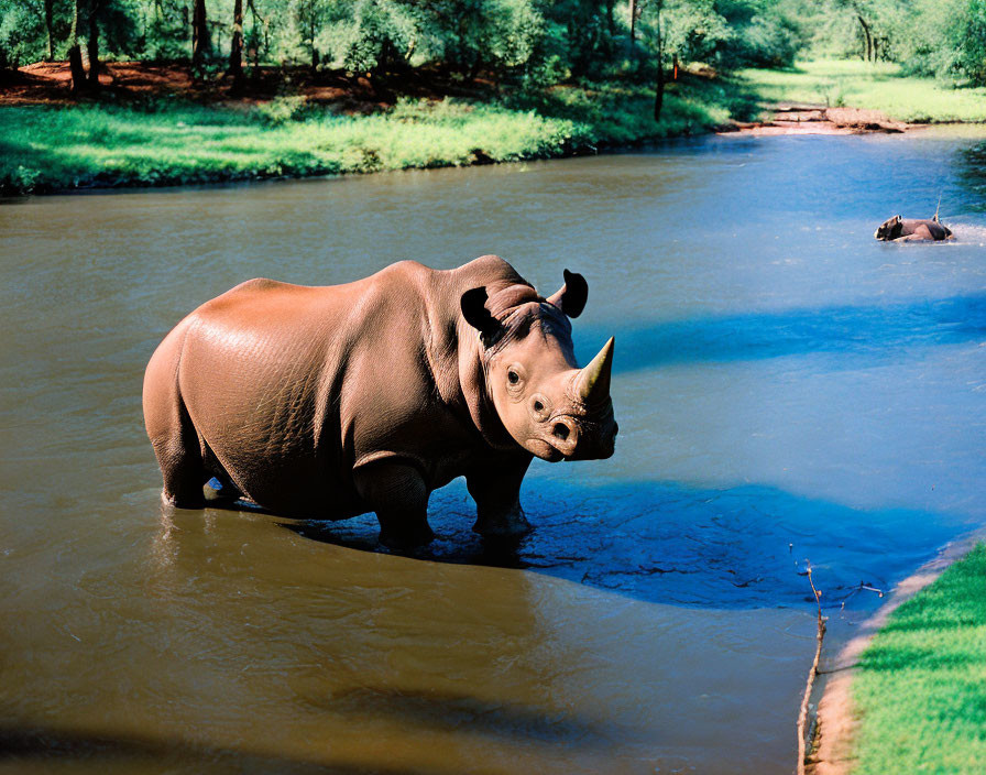 Two rhinoceroses in shallow water with lush greenery.