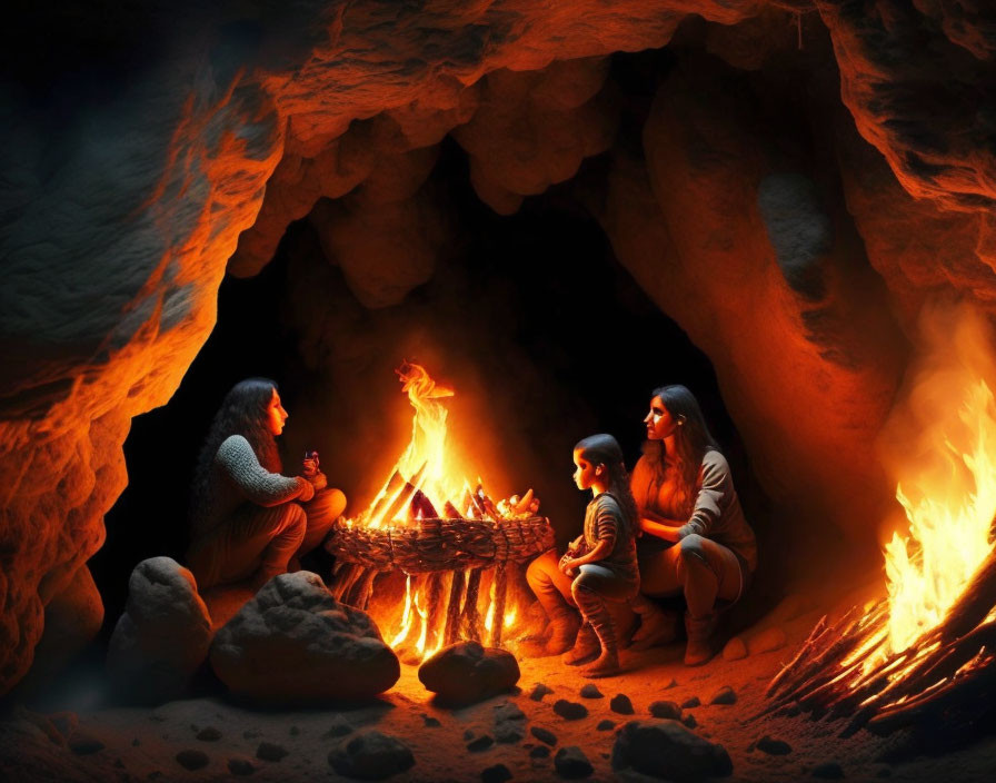 Three People Sitting Around Campfire in Cave