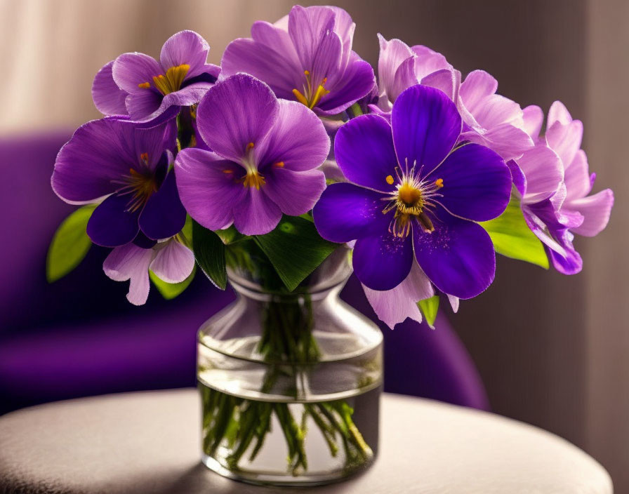 Vibrant purple flowers with yellow centers in clear glass vase on table
