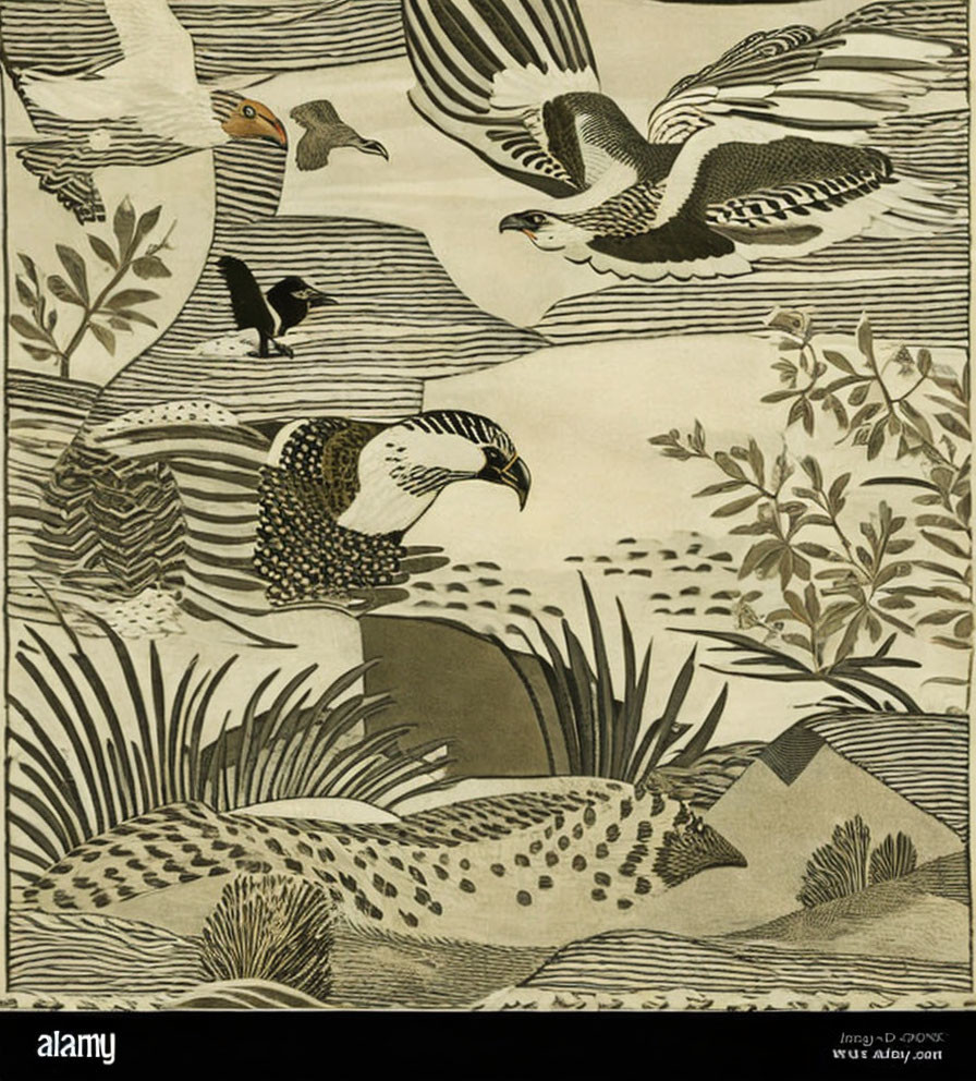 Illustration of Birds in Flight and Perched Amongst Foliage and Hills
