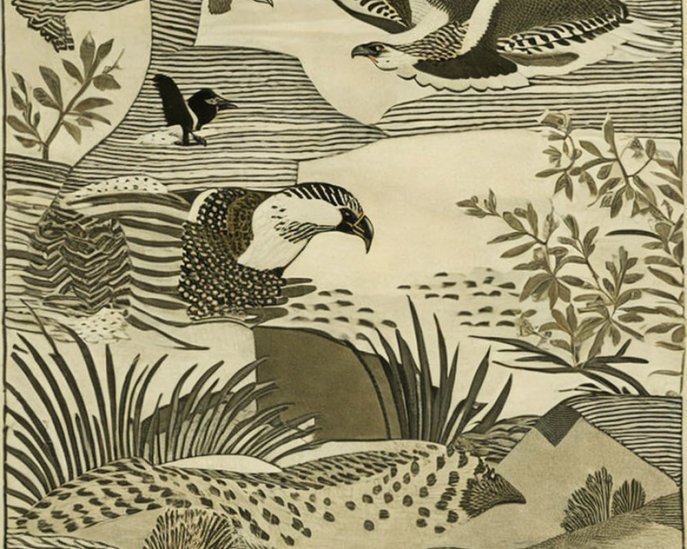 Illustration of Birds in Flight and Perched Amongst Foliage and Hills