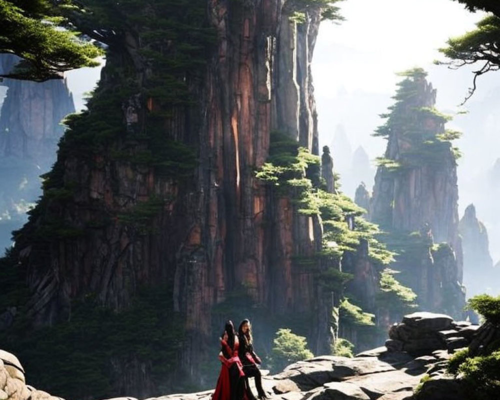 Traditional Attire Couple Surrounded by Rock Formations and Trees