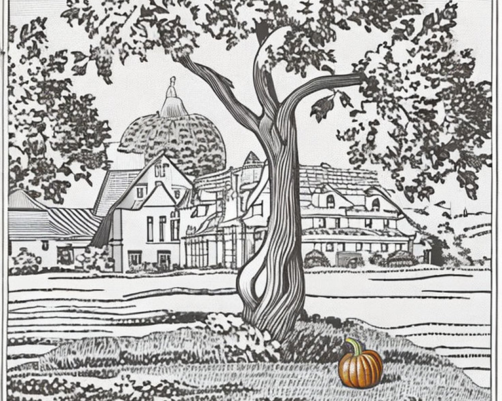 Monochrome sketch of twisting tree, traditional buildings, foliage, and pumpkin