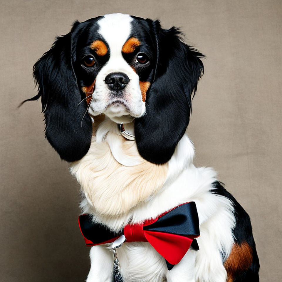 Tricolor Cavalier King Charles Spaniel with red bow tie on beige background