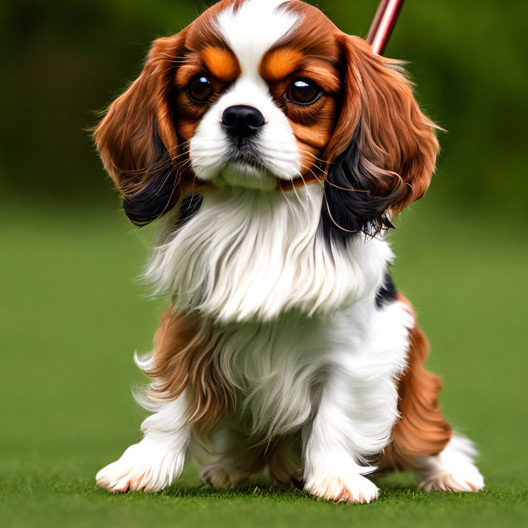 Tricolor Cavalier King Charles Spaniel sitting on grass with visible leash