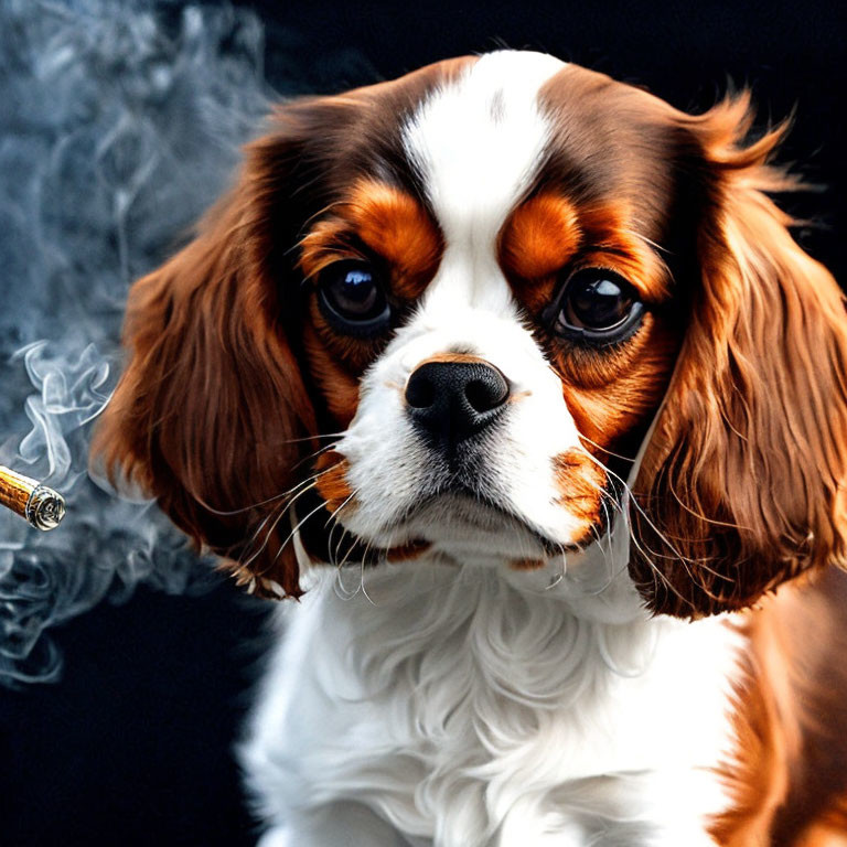 Digitally Altered Cavalier King Charles Spaniel Smoking Cigar on Dark Background