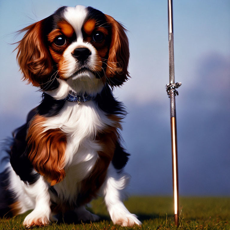 Cavalier King Charles Spaniel with metal rod on grass under blue sky