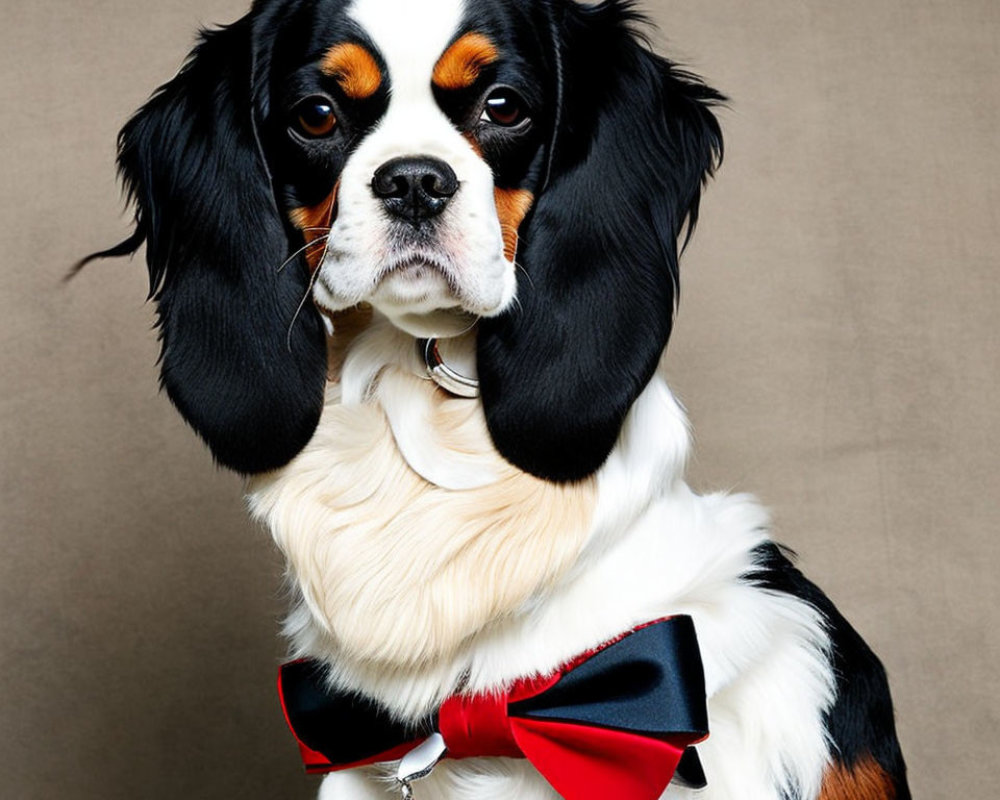 Tricolor Cavalier King Charles Spaniel with red bow tie on beige background
