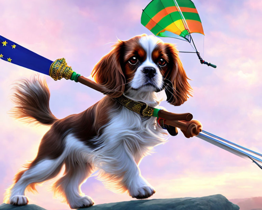 Cartoon Cavalier King Charles Spaniel with wand and parachute on rock at sunset