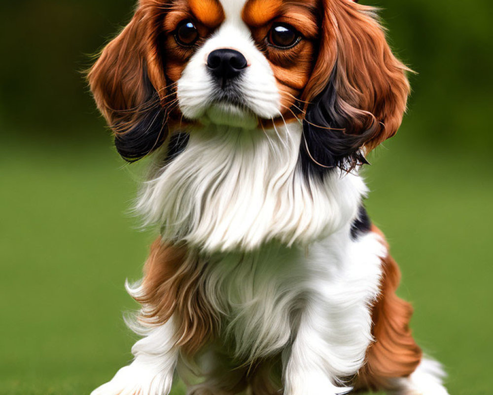 Tricolor Cavalier King Charles Spaniel sitting on grass with visible leash