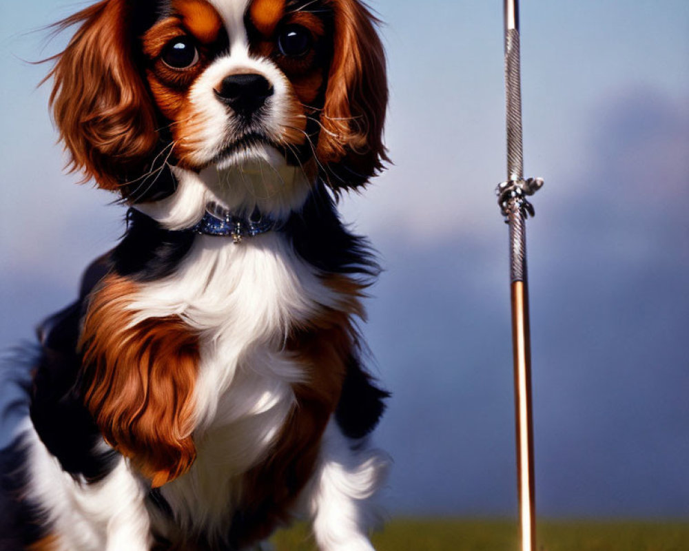 Cavalier King Charles Spaniel with metal rod on grass under blue sky